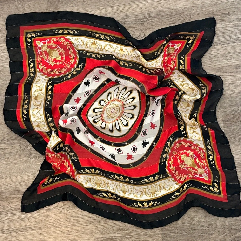 Elegant Black, Red, and Gold Silk Scarf